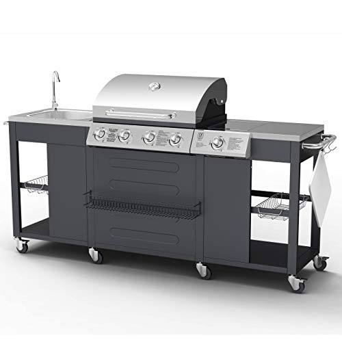 BIllyOh Alabama 4 Burner Gas BBQ Grill + 1 Side Stove and Kitchen Sink, Table, Rack, Thermometer and Storage - Outdoor Gas Burner with Cast Iron Barbecue Grill Outdoor Kitchen for Patio and Garden