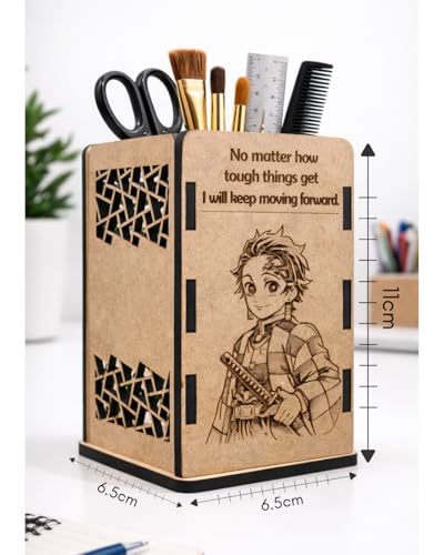 Image of Tanjiro Kamado Wooden Pen Stand | Anime Pencil Holder for Study Table | Demon Slayer Desk Accessories