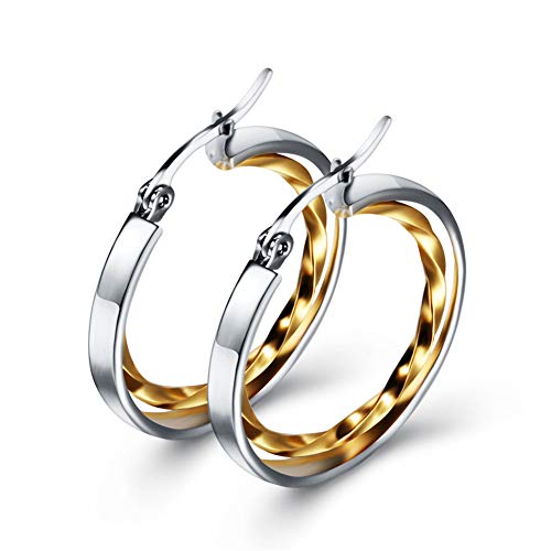 Joielavie Boucles d'Oreilles Créoles en Acier pour Femme Fille avec Double Anneau Cercle Plaqué Or Bicolore Anti Allergique Bijoux Cover