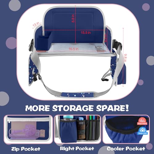 Image of MENZOKE Car Seat Tray for Kids, Essential for Car Travel & Airplane Trips | Toddler Gift with Educational Drawing Board, Tablet Holder, Cooler Cup Holder & Storage Pocket, Space Pattern, Dark Blue