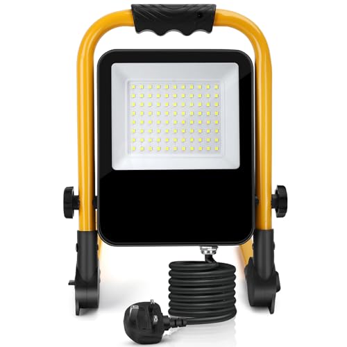 Aigostar 50W LED Work Light 240V, Job Site Light 4500LM, Plug in Folding Floodlight with 5.9ft Cord, IP65 Waterproof Floodlights Outdoor, 6500K Construction Light, Portable Workman Lamp for Workshop