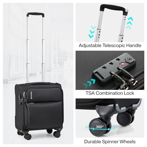 Hanke 16 Inch Underseat Carry On Luggage with Spinner Wheels for Airline, Small Softside TSA Approved Luggage Lightweight Rolling Suitcases Under Seat Personal Item Travel Carry-On Bag(Black) - Image 6