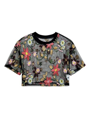 GORGLITTER Women's Floral Sheer Mesh Tees Crop Top See Through Short Sleeve Crew Neck Embroidered T Shirts