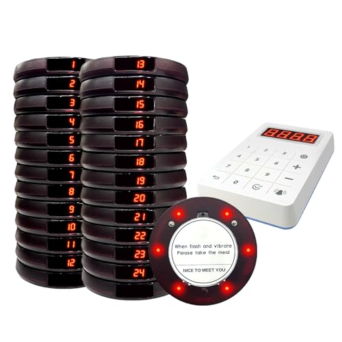 Image of Pagers for Restaurants, 24 Coaster Beeper Restaurant Buzzer System with Beeps, Vibration, Flashing, Guest Customer Queue Pagers for Food Truck, Church Nursery