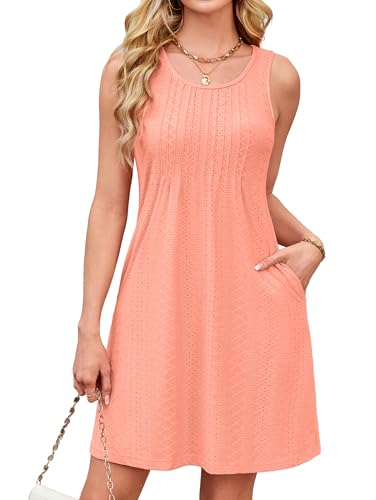 Image of Kikibell Womens Casual Dress A-Line Sleeveless Pleated Front Sundress Loose Mini Swing Dresses Coral S