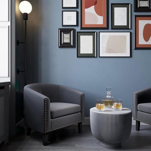 Image of BELLEZE Accent Barrel Chair Set of 2, Modern Tub Club Chair Upholstered Armchair with Gold Nail Head Trim and Black Legs for Living Room Bedroom Apartment Lounge - Gray /Linen