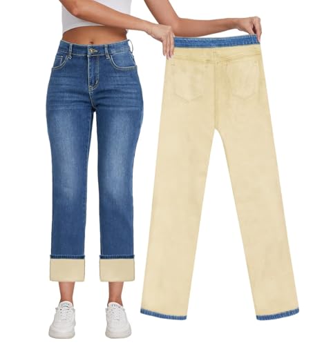 KDF Women's Fleece Lined Jeans Women High Waisted Straight Leg Jeans Winter Fleece Lined Jean Pants