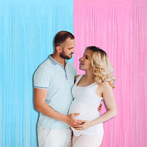 Image of 4 Pack Macaron Pink Blue Foil Fringe Curtain Backdrop, 3.28Ft x 8.2Ft Metallic Tinsel Foil Fringe Streamers for Photo Booth, Wedding Gender Reveal Backdrop Boy or Girl Birthday Party Decoration