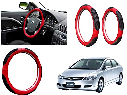 Image of Microfiber Car Steering Wheel Cover, Soft Padding Great Hand Feel, Anti-Slip, Faux Leather Steering Cover for Honda Civic | Black Red Jali - Pack of 1