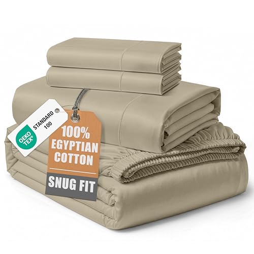 Image of LANE LINEN Cotton California King Sheet Sets Egyptian Cotton Sateen - Linen | Cali King Sheets Set - 4-Piece Set, For Guests And Everyday Use, For A Silky Hotel-Style Bed, Guest-Ready Comfort