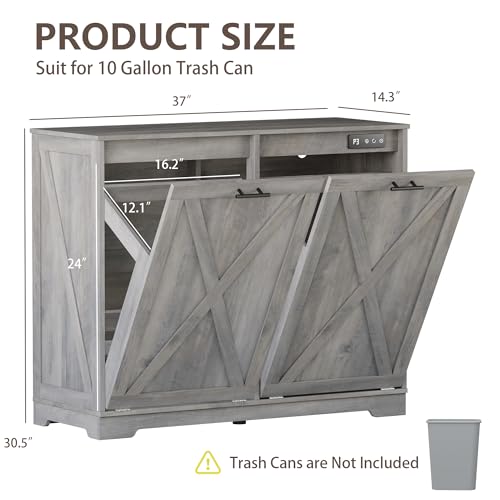 Image of Double Tilt Out Trash Can Cabinet, Wooden Farmhouse Kitchen Garbage Bin Enclosure with Negative Ion Odor Control, Hidden Dog Proof Trash or Laundry Basket Storage for Laundry Room, Grey