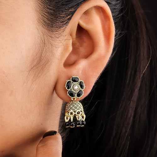 Image of Traditional Jhumka meenakari oxidised kundans flower Jhumka Earrings, Floral Design with Beaded Danglers, Multiple Colours Available
