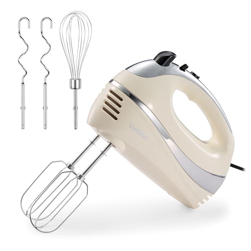 VonShef Hand Mixer Electric Whisk – Food Mixer for Baking with 5 Speeds, 300W, 2 Stainless Steel Beaters, 2 Dough Hooks & Balloon Whisk, Easy Clean, Turbo Boost, Eject Button, Compact – Cream
