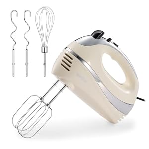 VonShef Hand Mixer Electric Whisk – Food Mixer for Baking with 5 Speeds, 300W, 2 Stainless Steel Beaters, 2 Dough Hooks & Balloon Whisk, Easy Clean, Turbo Boost, Eject Button, Compact – Cream