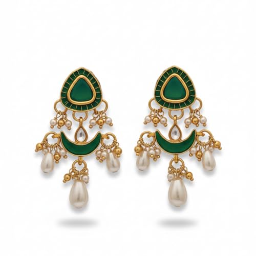 Image of SANJOYA BY EVERSTYLISH Ratnodya Rising Gem Dazzling Kundan Earrings With Pearls And Royal Green And Gold Accents Lightweight Jewelry For Women | Party, Festive, Wedding & Gifting