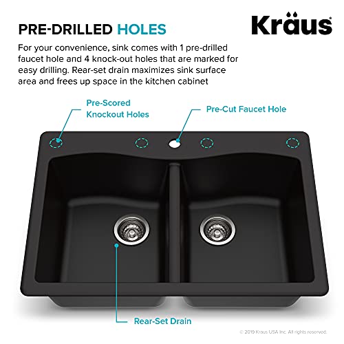 Kraus Forteza 33" Drop-In/Undermount Granite 50/50 Double Bowl Kitchen Sink - Black (Kgd-52Black) #TOP5