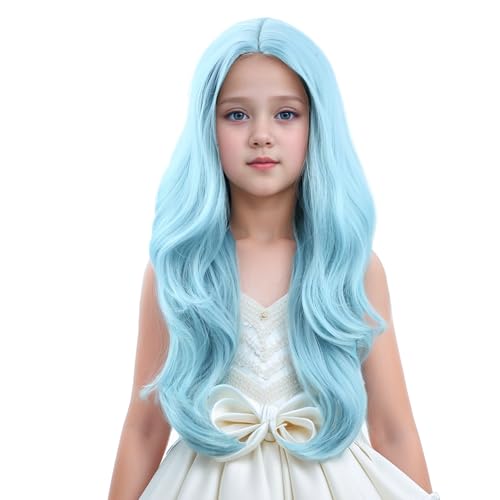 Image of Kid Ice Blue Wig Long Light Blue Wavy Curly Wig for Child Girl Middle Part Wigs Heat Resistant Synthetic Wigs with Cap