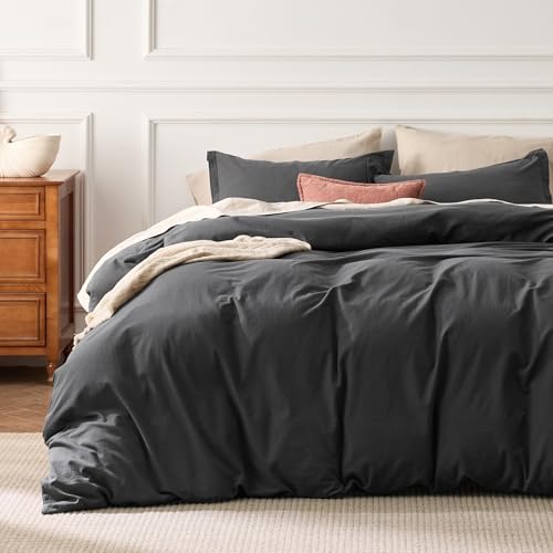 Bedsure 100% Washed Cotton Duvet Cover Queen Size - Charcoal Minimalist Cotton Duvet Cover Linen Like for All Seasons - GentleSoft™ Plain Simple Bedding (Charcoal, Queen, 90"x90")