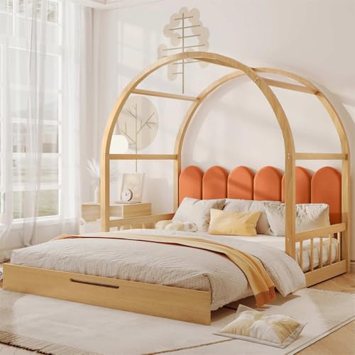 Sweiko Lit rétractable avec Toit voûté 140x100cm & 140x200cm, tête de lit en Velours, Cadre en pin Naturel et Orange (sans Matelas)