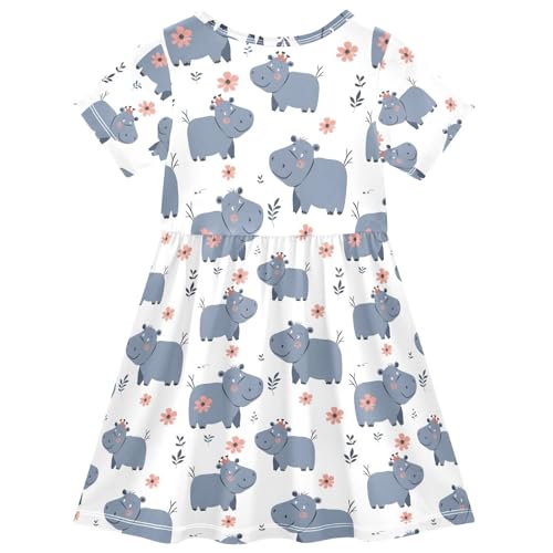 ALAZA Animal Hippo Flower Toddler Girls Dress Short Sleeve A-line Dress 2-8 Years2