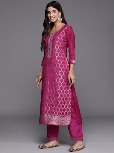Image of Libas Women's Woven Design Silk Blend Straight Kurta With Palazzos & Dupatta