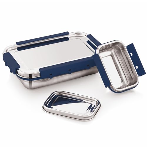 Image of PANCA Stainless Steel Lunch Box | Airtight Leakproof Tiffin for Office & School | Kitchen Accessories | 1400ml + 250ml Food Grade Steel with 4 Side Lock (Blue)