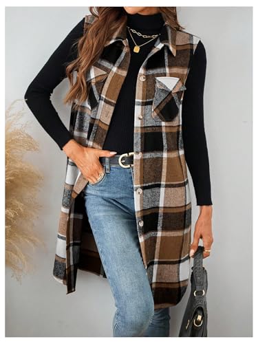 GORGLITTER Women's Plaid Vest Fleece Collar Neck Sleeveless Blazer Jacket Outwear4