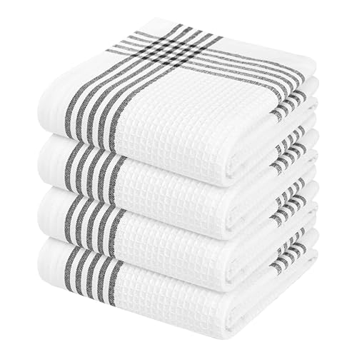 Image of Waffle White & Black 4 Pack Kitchen Dish Towels, 100% Cotton, 16x26 inches, Wash Rags for Drying Dishes, Highly Absorbent, Long Lasting Hand Towels Set for Daily Cooking & Cleaning
