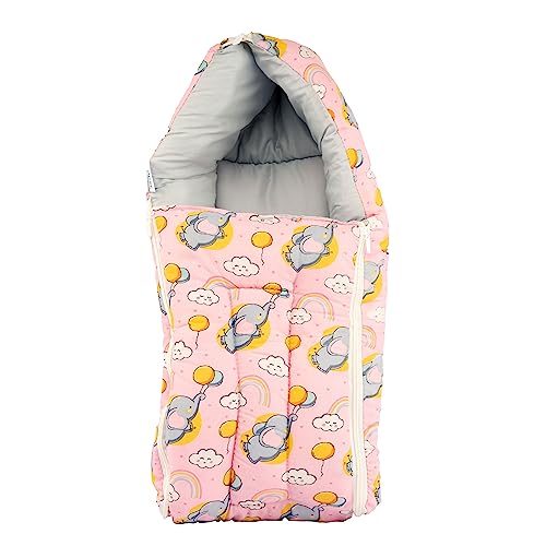 0-6 Months New Born Baby Unisex Cotton Carry Bag/Sleeping Bag, 3 in 1 Baby Bed, Carry Nest for Infant, Elephant Print (Baby Pink)