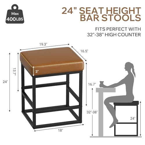 Image of Bar Stools Set of 2, 24in Counter Height Barstools, Faux Leather Counter Stools with Thick Square Seats & Sturdy Metal Base, Modern Bar Chairs for Kitchen Island (Caramel)