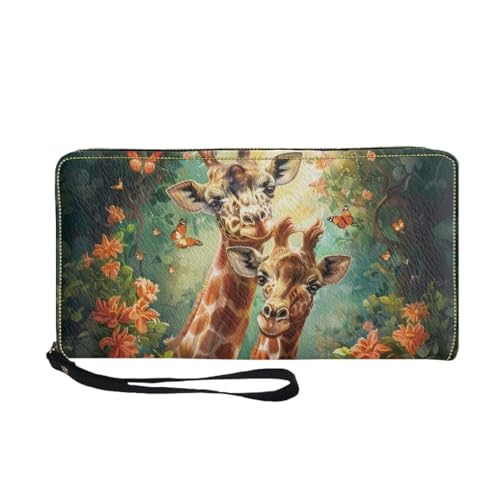 Tiasarato Forest Giraffes Wristlet Wallet for Ladies Butterfly Floral Flowers Clutch Wrist Strap Long Purse PU Leather Credit Card Wallets for Checkbook/Smartphone/Cash