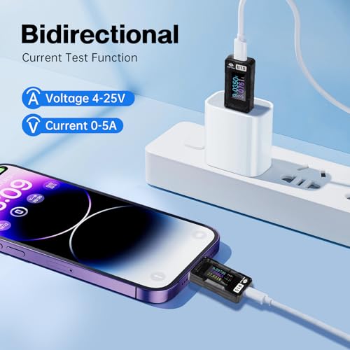 Image of USB C Power Meter Tester, Digital Multimeter with Color Screen, 4-25V /5A Voltage Current Monitor, Supports PD3.0 QC3.0 Fast Charging Protocols