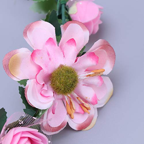 Lurrose Bohemia Floral Wreath Bridal Headband Decorative Garland Simulation Flower Crown for Festival Wedding Pink - Image 2