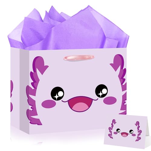 Purple Axolotl Gift Bag Axolotl Birthday Gift Bags for Kids with Handles Tissue Paper Axolotls Greeting Card Purple Wrapping Paper Bags for Boys Girls Women Baby Shower Axolotls Party Favor Decoration