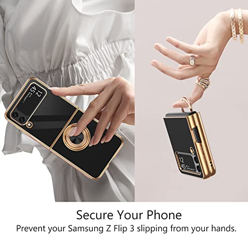Bentoben Galaxy Z Flip 3 Case 5G With 360° Ring Holder, Shockproof Slim Kickstand Magnetic Support Car Mount Women Men Non-Slip Protective Phone Case For Samsung Galaxy Z Flip 3, Black/Gold #TOP3