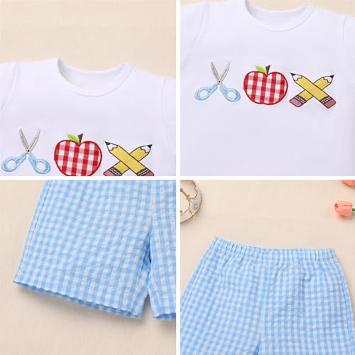 Image of OBEEII Back to School Outfit Toddler Boy Short Sleeve Graphic Shirt Gingham Shorts First Day of School Summer Clothing Set