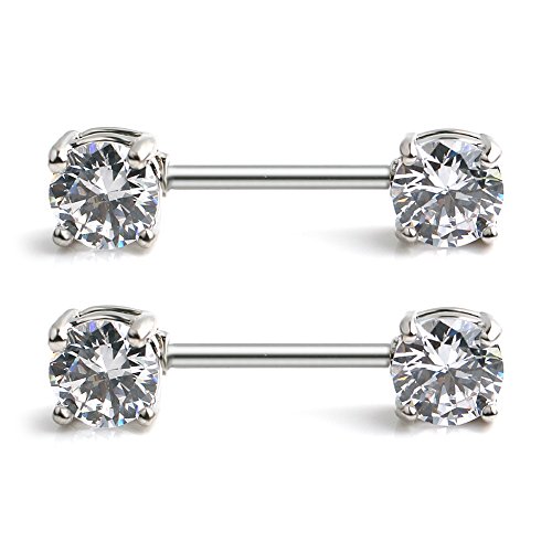 Ruifan 316L Stainless Steel Double Front Facing Clear CZ Nipple Shield Barbell Ring Piercing 14G