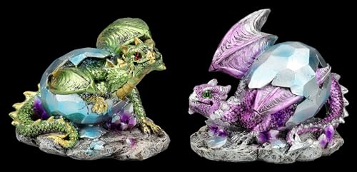 Magic Crystal Guardián Dragón Babys: juego de 2 unidades, color verde y lila, huevos en imitación de cristal, 9 cm, figura decorativa