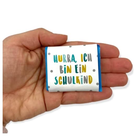 Schokoladenbanderolen "Hurra, ich bin ein Schulkind" Deko für die Einschulung Türkis/Grün