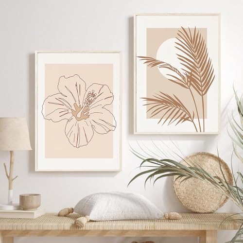 2 Images Set-Tableau Abstrait en Toile Représentant une Fleur D'Hibiscus Style Nordique Affiches et Impressions de Feuilles de Palmier Décoration Murale...