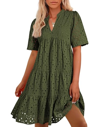 Image of BTFBM Womens Boho Summer Dresses 2026 Spring V Neck Short Sleeve Hollow Out Lace Ruffle Casual Beach Mini Vacation Dress