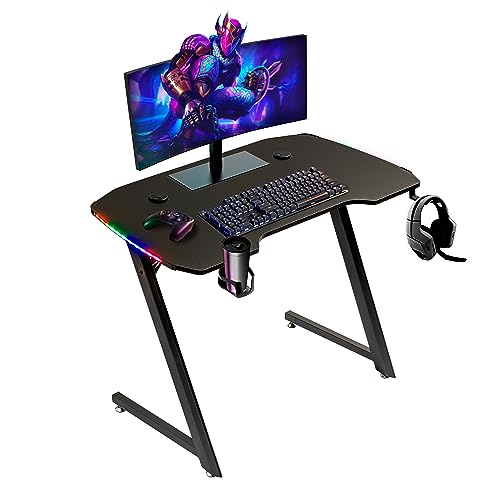 Baroni Home Scrivania Gaming per Computer Ergonomica con Supporto e Gancio Cuffie e Porta Bicchiere, Tavolo da Gioco in MDF e Acciaio, con Luci LED Multicolore,100x60 cm