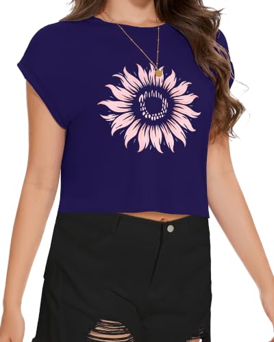 Image of Womens Crop Tops Summer Roll Cap Sleeve Cropped Tshirt Loose Fit Basic Tees