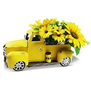 Vintage Truck Décor, Yellow Farmhouse Car with Light Tiered Tray,Cute Metal Car Gift Pickup Truck Model for Home Decoration Table Decoration & Tabletop Storage with Sunflower(Yellow)