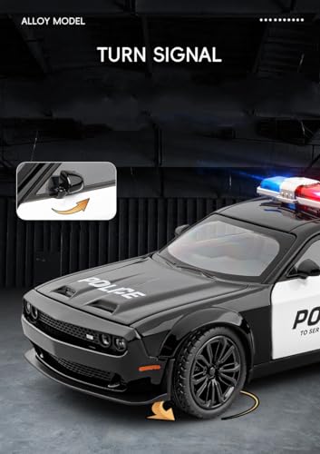 Image of Dodge Challenger Police 1:24 Diecast Metal Car - Openable Doors, Sound&Light, Pull Back Action,Collectible Toy Car for Kids - Durable & Realistic Model Collectors Police, Black