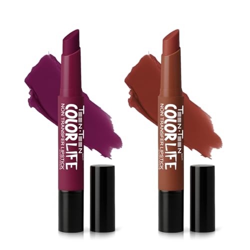 Image of TEEN TEEN Color Life Nontransfer Crayon Lipstick |Matte Finish with Built-in Primer |Waterproof & Long Lasting Lip Color |Smudge-Proof, Fade-Resistant Formula |Combo Color (Plumful Cheer, Apricot)