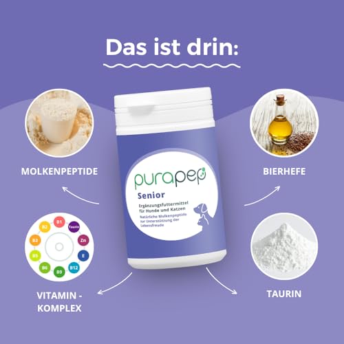 purapep Senior Power Pulver– 5-Fach Nährstoffkomplex mit Molkenprotein, Omega-3, Taurin & Vitaminen für Hunde & Katzen Senioren – Muskelaufbau & Fitness-Booster im Alter – 100 g