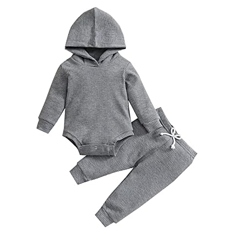 Thorn Tree Newborn Unisex Baby Clothes Set Hooded Long Sleeve Bodysuit Stretchy Pants Girl Boy Cotton Ribbed Outfits Fall Winter (Grey Hooded Suit,0-3 Months) Cover