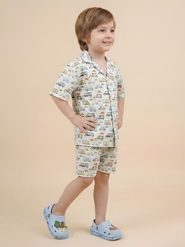 Image of POLKA TOTS Boys 100% Cotton Vacation Wear Co-ord Set | Trendy Printed Shirt & Shorts Combo for Kids | Breathable Summer Beach Outfit for Toddlers & Infants | Lightweight Daily Wear & Night Suit