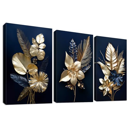 3Pcs Cadre en Bois Impression sur Toile Fleurs 3D Bleu Marine et Or Tableau Affiche Decoration Murale Tropical Coco Feuilles Toile Peinture Image Tableau Decoration...